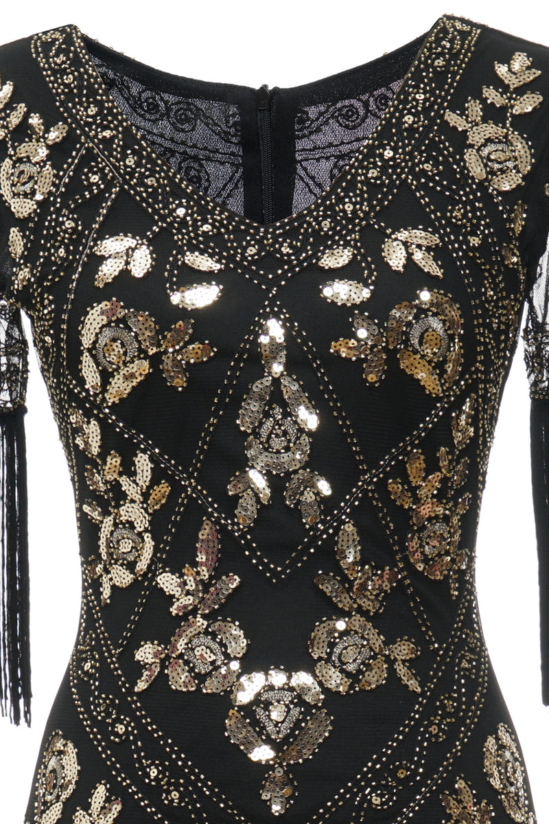 Indlæs billede til gallerivisning V-hals sort lang 1920&#39;erne Flapper kjole med pailletter og frynser
