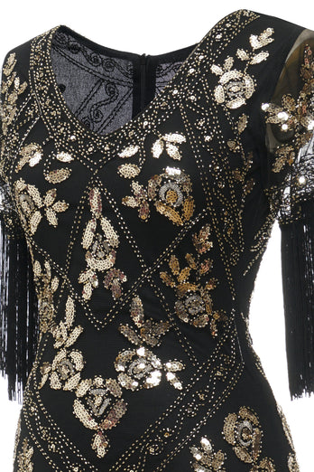 V-hals sort lang 1920'erne Flapper kjole med pailletter og frynser