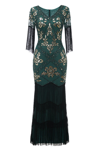 V-hals sort lang 1920'erne Flapper kjole med pailletter og frynser