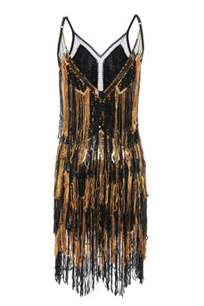 Sorte gyldne frynser 1920'erne kjole med pailletter