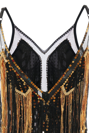 Sorte gyldne frynser 1920'erne kjole med pailletter