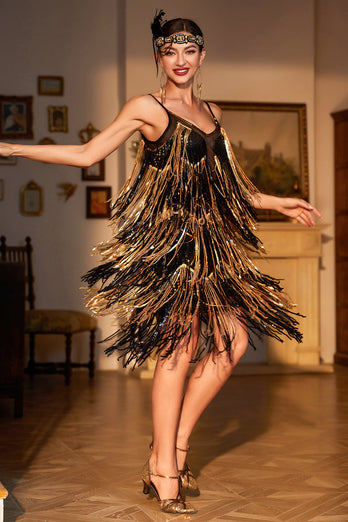 Spaghettistropper Sort gylden 1920'er kjole med frynser