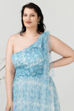 Blå print One Shoulder Plus Size Brudepige Kjole