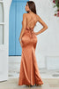 Indlæs billede til gallerivisning Orange havfrue rygløs lang trykt bryllupsgæstekjole