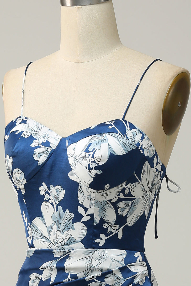 Indlæs billede til gallerivisning Blækblå blomstret te-længde brudepigekjole