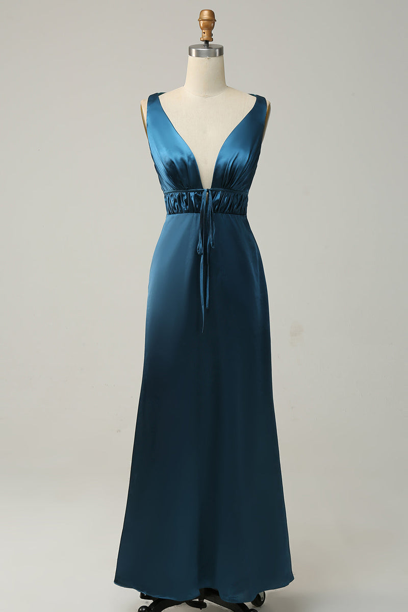 Indlæs billede til gallerivisning Blæk blå satin lang brudepige kjole
