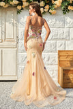 Havfrue Deep V Neck Champagne Long Prom Dress med Criss Cross Back