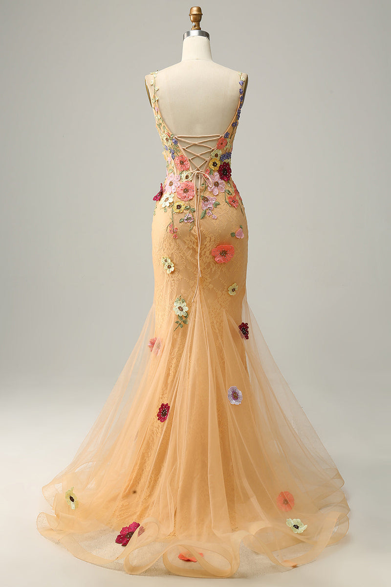 Indlæs billede til gallerivisning Havfrue Deep V Neck Champagne Long Prom Dress med applikationer