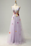 A Line Deep V Neck Lavendel Long Prom Dress med applikationer