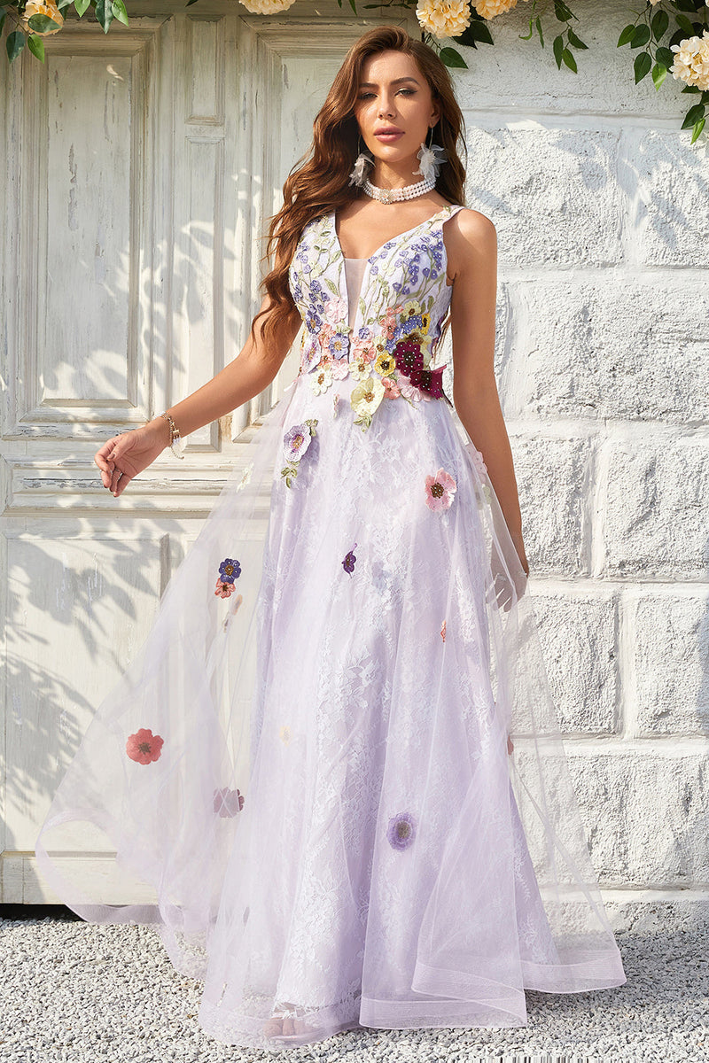 Indlæs billede til gallerivisning A Line Deep V Neck Lavendel Long Prom Dress med åben ryg