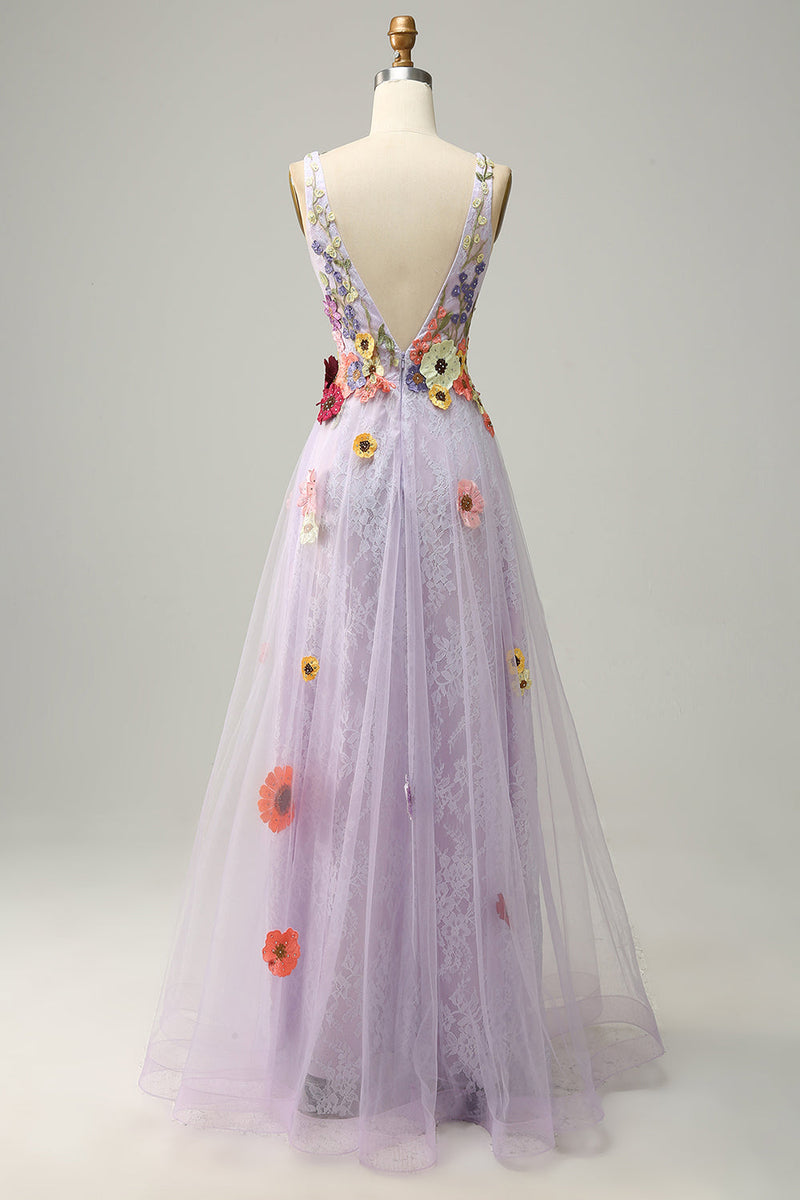 Indlæs billede til gallerivisning A Line Deep V Neck Lavendel Long Prom Dress med applikationer