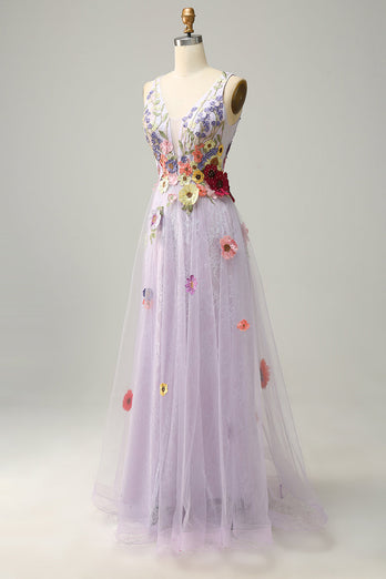 A Line Deep V Neck Lavendel Long Prom Dress med applikationer