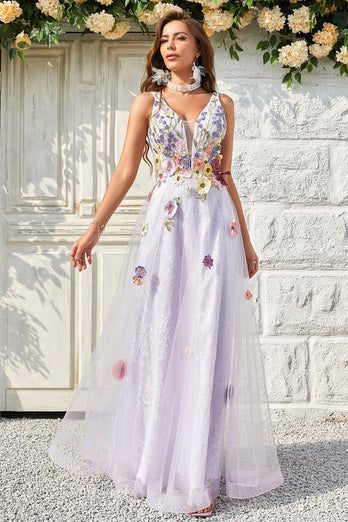 A Line Deep V Neck Lavendel Long Prom Dress med åben ryg
