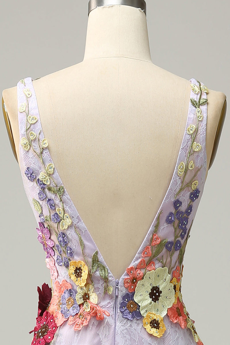 Indlæs billede til gallerivisning A Line Deep V Neck Lavendel Long Prom Dress med applikationer