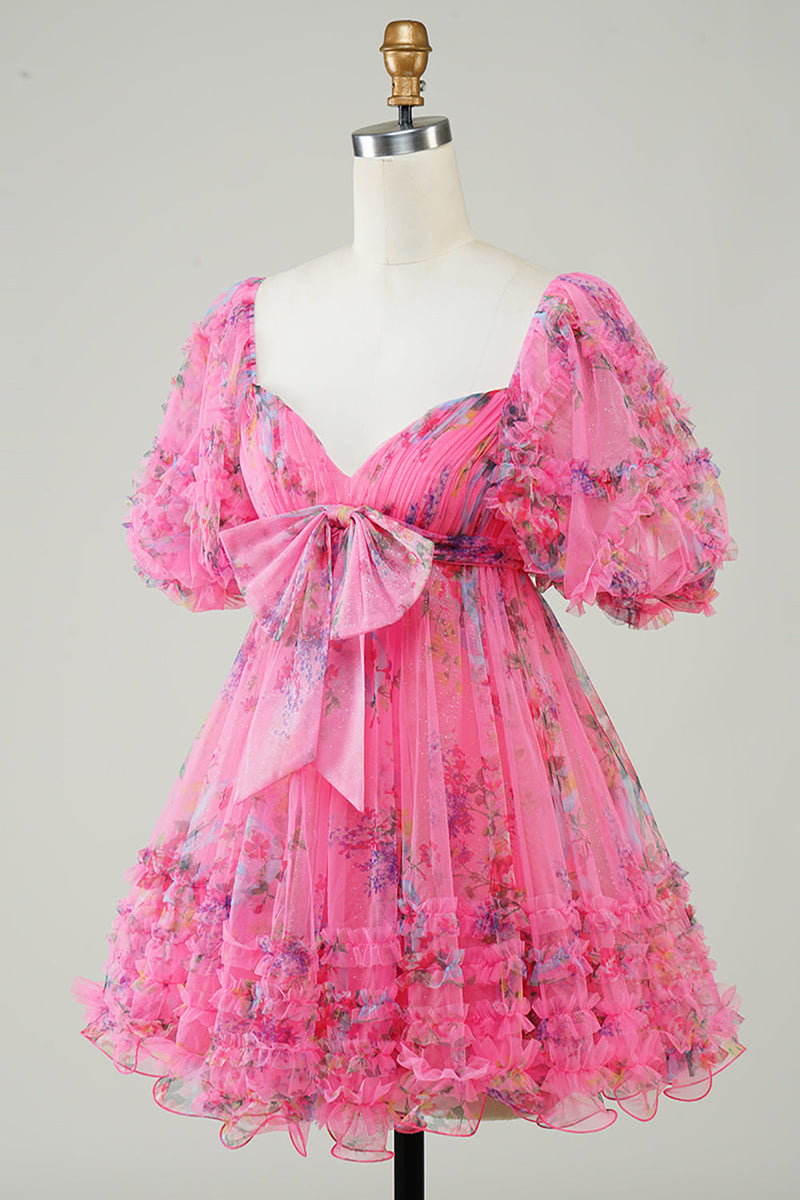Indlæs billede til gallerivisning Hot pink trykt sød hjemkomstkjole med sløjfe