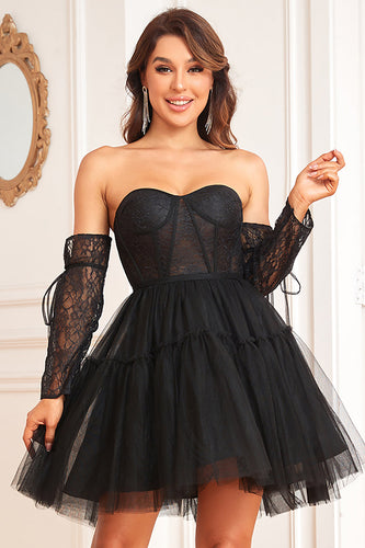 A-Line sort korset aftagelig langærmet homecoming kjole