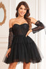 Indlæs billede til gallerivisning A-Line sort korset aftagelig langærmet homecoming kjole