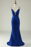 Havfrue Spaghetti Stropper Royal Blue Plus Size Prom Kjole med Criss Cross Back