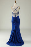 Havfrue Spaghetti Stropper Royal Blue Plus Size Prom Kjole med Criss Cross Back