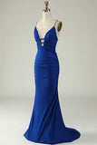 Havfrue Spaghetti Stropper Royal Blue Plus Size Prom Kjole med Criss Cross Back