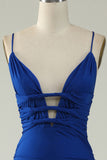 Havfrue Spaghetti Stropper Royal Blue Plus Size Prom Kjole med Criss Cross Back