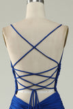 Havfrue Spaghetti Stropper Royal Blue Plus Size Prom Kjole med Criss Cross Back