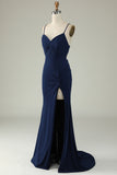 Havfrue Spaghetti Stropper Navy Plus Size Prom Kjole med Split Front