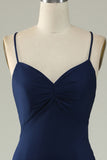 Havfrue Spaghetti Stropper Navy Plus Size Prom Kjole med Split Front