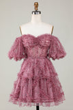 Stilfuld A Line Off the Shoulder Dusty Rose Tulle Kort Homecoming Kjole med korte ærmer