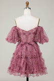 Stilfuld A Line Off the Shoulder Dusty Rose Tulle Kort Homecoming Kjole med korte ærmer