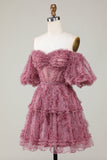 Stilfuld A Line Off the Shoulder Dusty Rose Tulle Kort Homecoming Kjole med korte ærmer