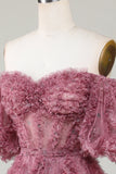 Stilfuld A Line Off the Shoulder Dusty Rose Tulle Kort Homecoming Kjole med korte ærmer