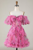 Stilfuld A Line Off the Shoulder Dusty Rose Tulle Kort Homecoming Kjole med korte ærmer