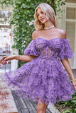 Stilfuld A Line Off the Shoulder Dusty Rose Tulle Kort Homecoming Kjole med korte ærmer
