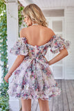 Stilfuld A Line Off the Shoulder Dusty Rose Tulle Kort Homecoming Kjole med korte ærmer