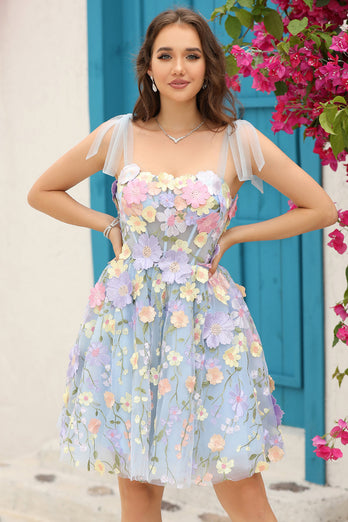 A Line Spaghetti Straps Lilla Corset Homecoming Dress med 3D Blomster