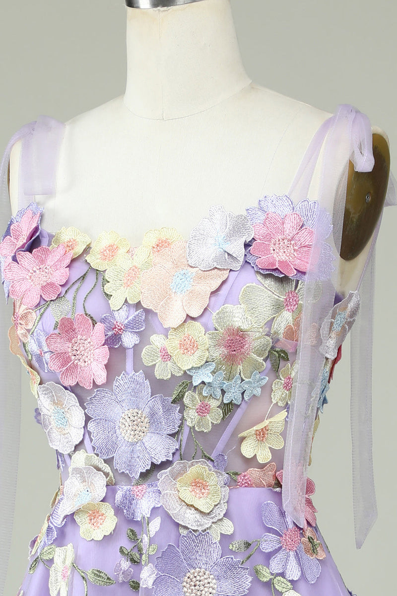 Indlæs billede til gallerivisning A Line Spaghetti Straps Lilla Tea Længde Prom Dress med 3D Blomster