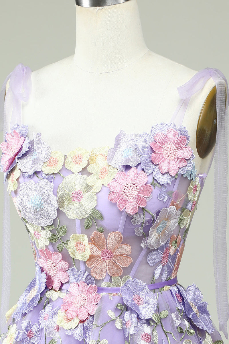 Indlæs billede til gallerivisning A Line Spaghetti Straps Lilla Corset Homecoming Dress med 3D Blomster