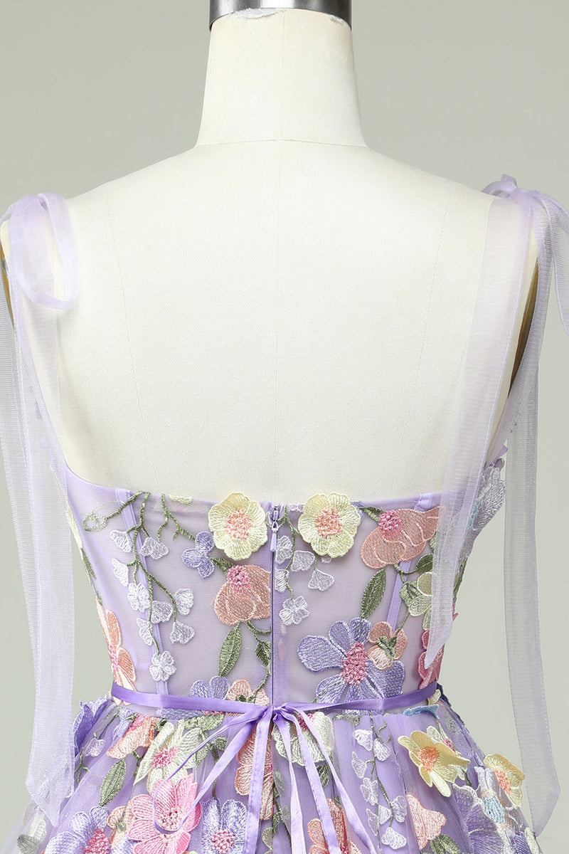 Indlæs billede til gallerivisning A Line Spaghetti Straps Lilla Corset Homecoming Dress med 3D Blomster