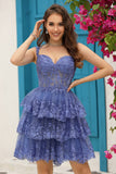 Princess A Line Purple Corset Tiered Short Homecoming Dress med blonder