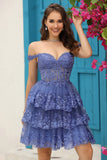 Princess A Line Purple Corset Tiered Short Homecoming Dress med blonder