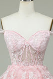 Sød A Line Off the Shoulder Pink Corset Homecoming Kjole med blonder