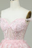Indlæs billede til gallerivisning Sød A Line Off the Shoulder Pink Corset Homecoming Kjole med blonder