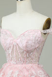 Sød A Line Off the Shoulder Pink Corset Homecoming Kjole med blonder