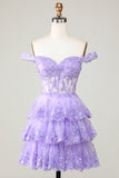 Princess A Line Purple Corset Tiered Short Homecoming Dress med blonder