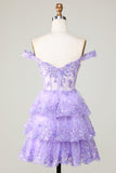 Princess A Line Purple Corset Tiered Short Homecoming Dress med blonder