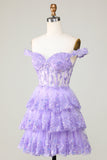 Princess A Line Purple Corset Tiered Short Homecoming Dress med blonder