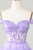 Princess A Line Purple Corset Tiered Short Homecoming Dress med blonder