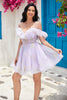 Indlæs billede til gallerivisning Sød A Line Lavendel Off the Shoulder Corset Homecoming Dress med flæser