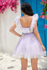 Indlæs billede til gallerivisning Sød A Line Lavendel Off the Shoulder Corset Homecoming Dress med flæser